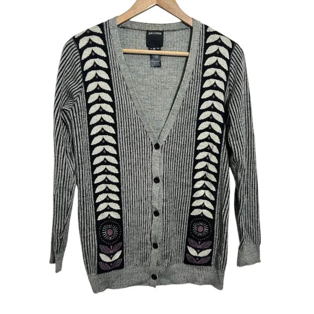 Anna Sui for James Coviello Cardigan Sweater M/L Gray Black Wool Blend Floral